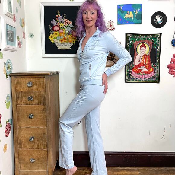 Vintage Vertigo Track Suit, y2k Baby Blue Stretch Knit Pants & Jacket Sz M - Picture 4 of 11